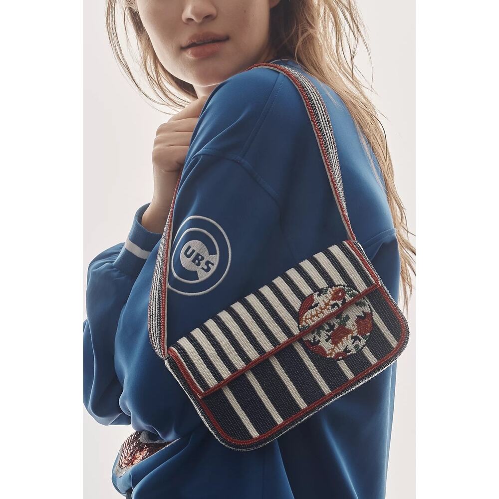nwt ANTHROPOLOGIE The Fiona Beaded Bag: sports Icon baseball edition blue stripe